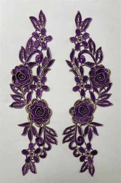 APL-BED-110-PURPLE-PAIR. Purple Embroidered Applique with Gold Borders. - Purple - 16" x 4"