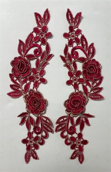 APL-BED-110-RED-PAIR.  Red Embroidered Applique with Gold Borders. - Red - 16" x 4"