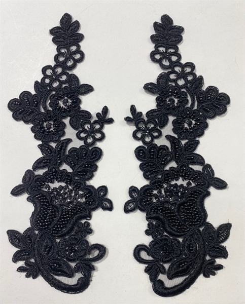 APL-BED-111-BLACK-PAIR.  Black Embroidered Applique With Beads - Pair - 10" x 4"  Each