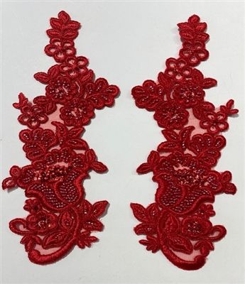 APL-BED-111-RED-PAIR.  Red Embroidered Applique - Pair With Beads - 10" x 4"  Each