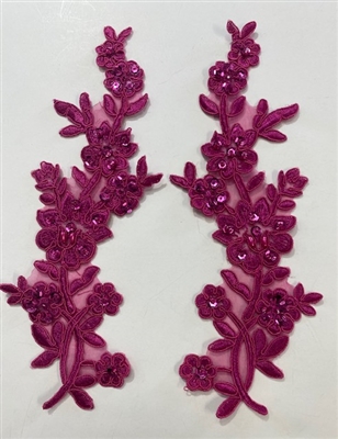 APL-BED-112-FUCHSIA-PAIR.  Fuchsia Embroidered Applique With Sequins - Pair - 10" x 4"  Each