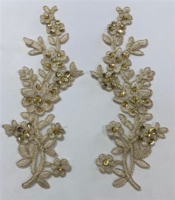 APL-BED-112-GOLD-PAIR.  Gold Embroidered Applique With Sequins - Pair - 10" x 4"  Each