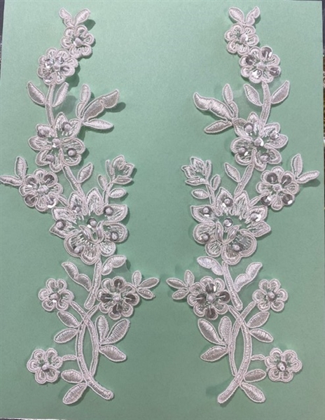 APL-BED-112-OFFWHITE-PAIR.  Off-White Embroidered Applique With Sequins - Pair - 10" x 4"  Each