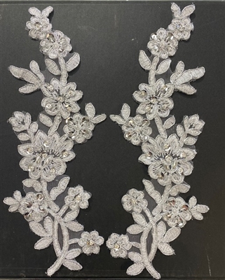 APL-BED-112-SILVER-PAIR.  Silver Embroidered Applique With Sequins - Pair - 10" x 4"  Each