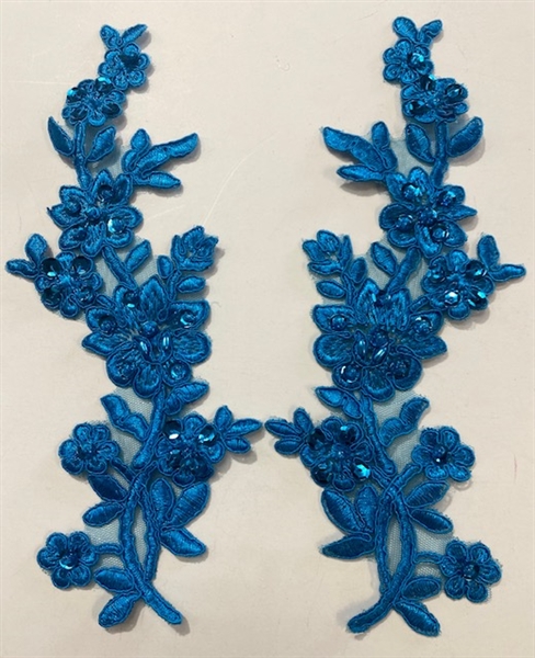 APL-BED-112-TURQUOISE-PAIR.  Turquoise Embroidered Applique With Sequins - Pair - 10" x 4"  Each