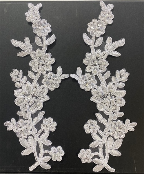 APL-BED-112-WHITE-PAIR.  White Embroidered Applique With Sequins - Pair - 10" x 4"  Each