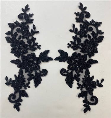 APL-BED-113-BLACK-PAIR.  Black Embroidered Applique With Beads and Sequins - Pair - 12" x 6"  Each