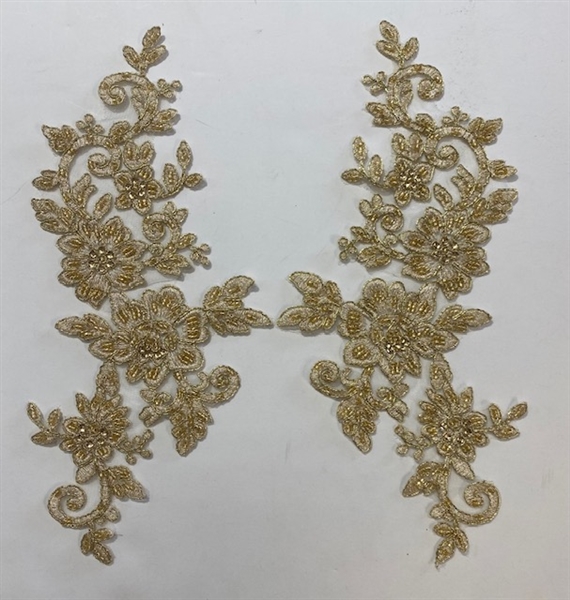 APL-BED-113-GOLD-PAIR.  Gold Embroidered Applique With Beads and Sequins - Pair - 12" x 6"  Each