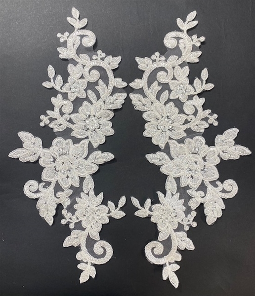APL-BED-113-OFFWHITE-PAIR.  Off-White Embroidered Applique With Beads and Sequins - Pair - 12" x 6"  Each