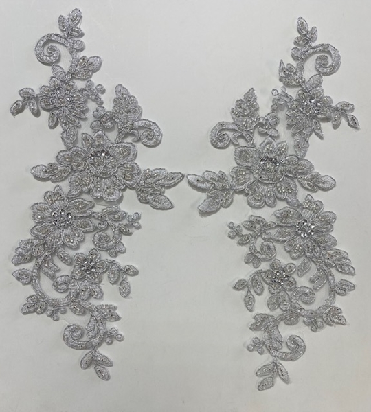 APL-BED-113-SILVER-PAIR.  Silver Embroidered Applique With Beads and Sequins - Pair - 12" x 6"  Each