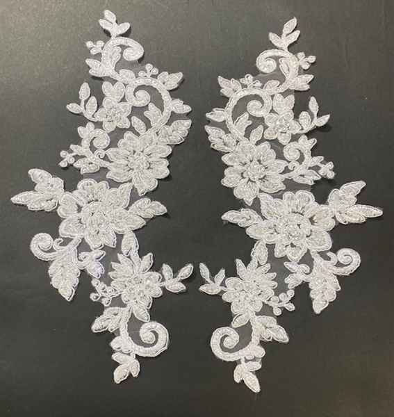 APL-BED-113-WHITE-PAIR.  White Embroidered Applique With Beads and Sequins - Pair - 12" x 6"  Each