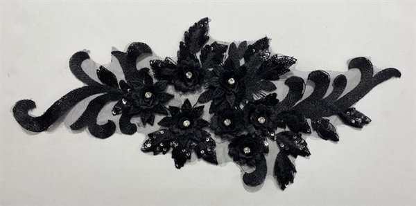 APL-BED-115-BLACK.  Beaded Applique with Rhinestone and Sequin on Net.  - Black - 16" x 7"
