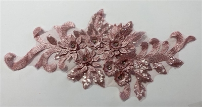 APL-BED-115-BLUSH.  Beaded Applique with Rhinestone and Sequin on Net.  - Blush - 16" x 7" - Each $4.75