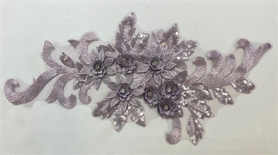 APL-BED-115-LILAC.  Beaded Applique with Rhinestone and Sequin on Net.  - Lilac - 16" x 7"
