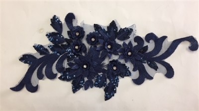 APL-BED-115-NAVY. Beaded Applique with Rhinestone and Sequin on Net. - Navy - 16" x 7" - Each $5.75