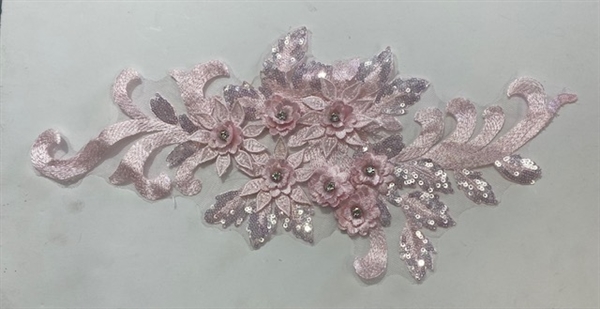 APL-BED-115-PINK.  Beaded Applique with Rhinestone and Sequin on Net.  - Pink - 16" x 7"