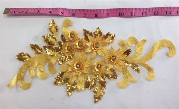 APL-BED-115-YELLOW. Beaded Applique with Rhinestone and Sequin on Net. - Yellow- 16" x 7"