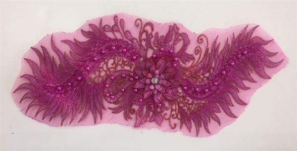 APL-BED-116-FUCHSIA. Beaded Applique with Pearls on Net. - Fuchsia- 15.5" x 6.5" - Each $6