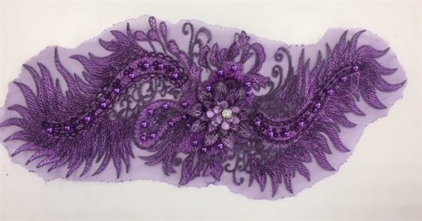 APL-BED-116-PURPLE. Beaded Applique with Pearls on Net. - Purple- 15.5" x 6.5" - Each $6