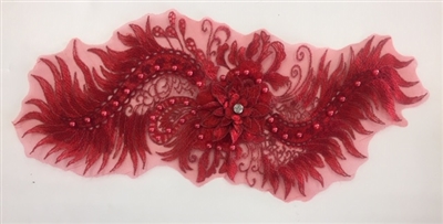 APL-BED-116-RED. Beaded Applique with Pearls on Net. - Red- 15.5" x 6.5" - Each $6