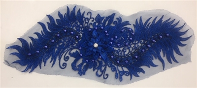APL-BED-116-ROYALBLUE. Beaded Applique with Pearls on Net. - Royal Blue- 15.5" x 6.5" - Each $6