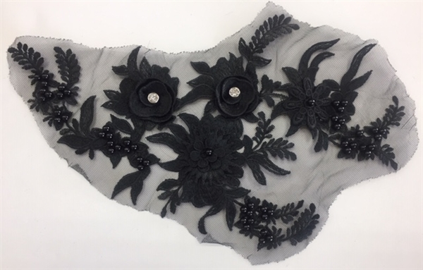 APL-BED-117-BLACK. Beaded Applique with Rhinestones on Net. - Black - 13.5" x 8" - Each $6