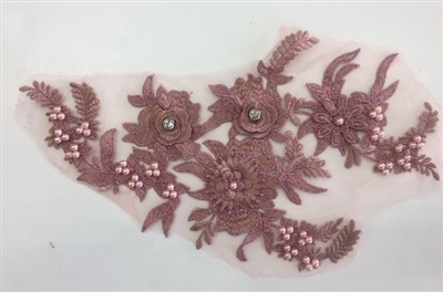 APL-BED-117-COPPER. Beaded Applique with Rhinestones on Net. - Copper - 13.5" x 8" - Each $6