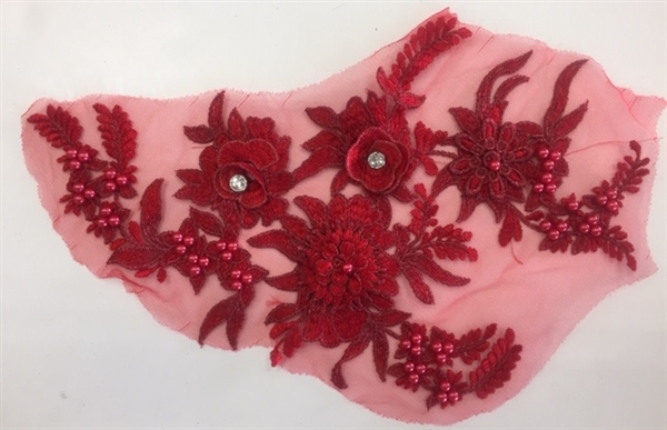 APL-BED-117-DEEPRED. Beaded Applique with Rhinestones on Net. - Deep Red - 13.5" x 8" - Each $6