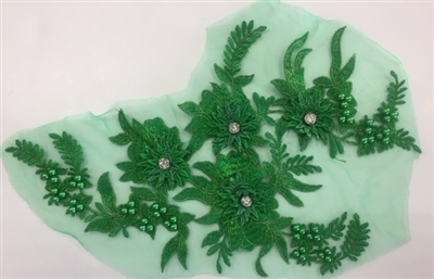 APL-BED-117-GREEN. Beaded Applique with Rhinestones on Net. - Green - 13.5" x 8" - Each $6
