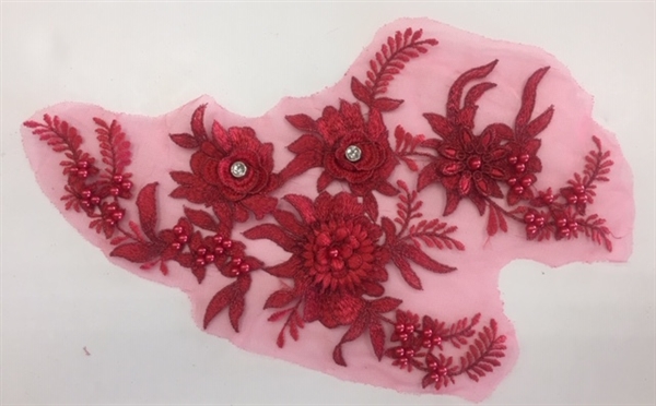 APL-BED-117-RED. Beaded Applique with Rhinestones on Net. - Red - 13.5" x 8" - Each $6