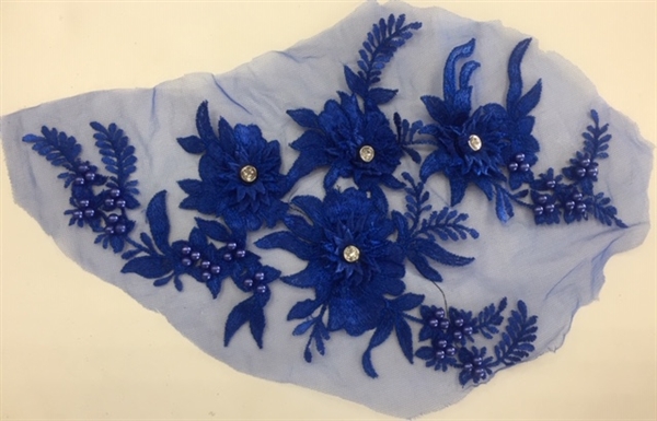 APL-BED-117-ROYALBLUE. Beaded Applique with Rhinestones on Net. - Royal Blue - 13.5" x 8" - Each $6