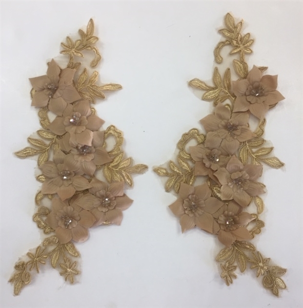 APL-BED-118-GOLD-PAIR-3D. Pair of Beaded Appliques - 3D on White Net. - GOLD - 12.5" x 6" - Pair $7