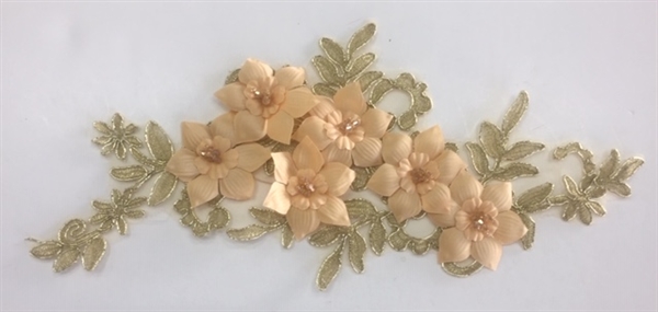 APL-BED-118-GOLDMETA-SINGLE-3D. Beaded Applique - 3D on White Net. - GOLD METALLIC - 12.5" x 6" - Each $4