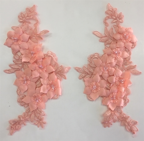APL-BED-118-PEACH-PAIR-3D. Pair of Beaded Appliques - 3D on White Net. - PEACH - 12.5" x 6" - Pair $7