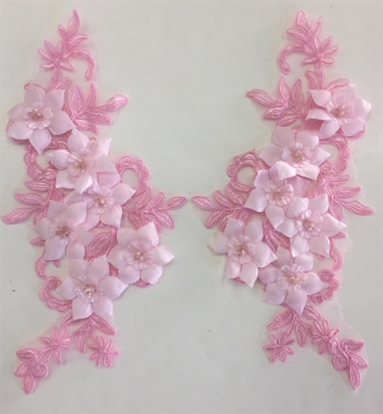 APL-BED-118-PINK-PAIR-3D. Pair of Beaded Appliques - 3D on White Net. - PINK- 12.5" x 6" - Pair $7