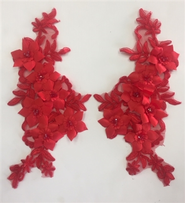 APL-BED-118-RED-PAIR-3D. Pair of Beaded Appliques - 3D on White Net. - RED- 12.5" x 6" - Pair $7