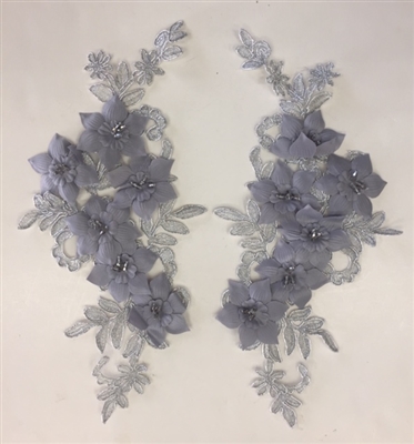 APL-BED-118-SILVER-PAIR-3D. Beaded Applique - 3D on White Net. - SILVER - 12.5" x 6" - Pair $7