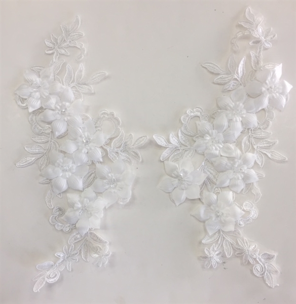 APL-BED-118-WHITE-PAIR-3D. Pair of Beaded Appliques - 3D on White Net. - WHITE- 12.5" x 6" - Pair $7