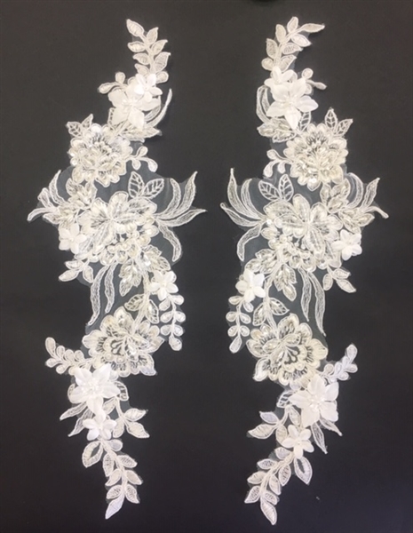 APL-BED-119-WHITE-PAIR-3D. Pair of Beaded Appliques - 3D on White Net. - WHITE- 13" x 6" - Pair $7