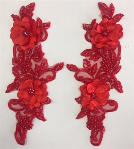 APL-BED-120-RED-PAIR-3D. Pair of Beaded Appliques - 3D on Net. - RED- 14.5" x 4.5" - Pair $7