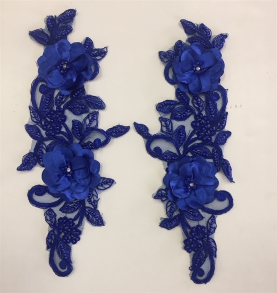APL-BED-120-ROYALBLUE-PAIR-3D. Pair of Beaded Appliques - 3D on Net. - ROYAL BLUE- 14.5" x 4.5" - Pair $7