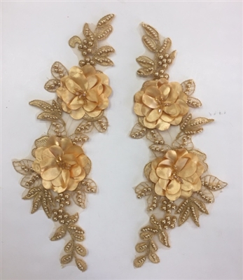 APL-BED-121-GOLD-PAIR-3D. Pair of Beaded Appliques - 3D on Net. - GOLD - 14.5" x 4.5" - Pair $7