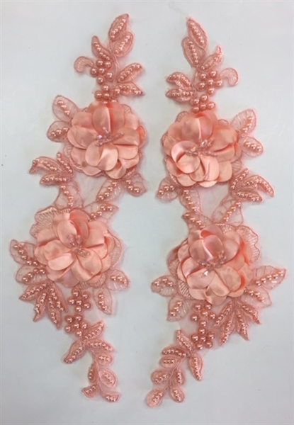 APL-BED-121-PEACH-PAIR-3D. Pair of Beaded Appliques - 3D on Net. - PEACH - 14.5" x 4.5" - Pair $7