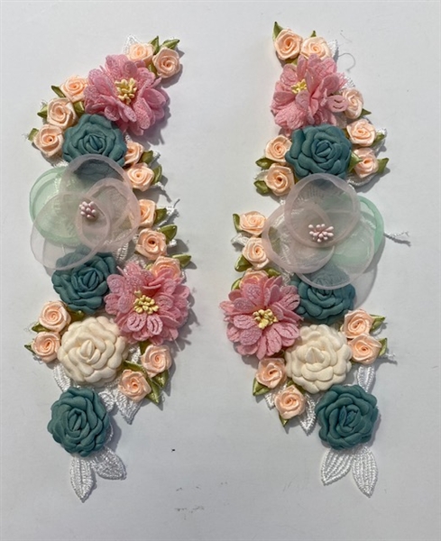 APL-BED-122-FLORAL-PAIR-3D. Pair of Beaded Appliques - FLORAL - 10" x 3" - Pair $7.50
