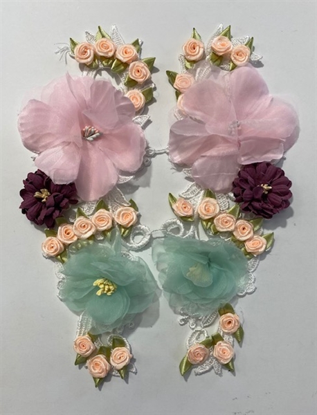 APL-BED-123-FLORAL-PAIR-3D. Pair of Beaded Appliques - FLORAL - 10" x 3" - Pair $7.50