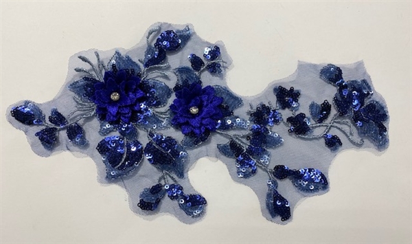 APL-BED-124-BLUE-3D. Beaded Applique - 3D on Net. - Blue with Sequins and Crystals - 11" x 6"