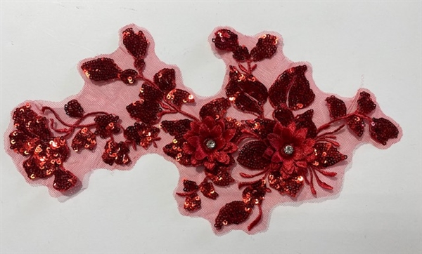 APL-BED-124-DEEPRED-3D. Beaded Applique - 3D on Net. - Deep Red with Sequins - 11" x 6"