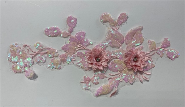 APL-BED-124-PINK-3D. Beaded Applique - 3D on Net. - Pink with AB Sequins - 11" x 6"