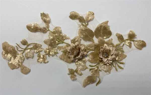 APL-BED-124-ROSEGOLDBRONZE-3D. Beaded Applique - 3D on Net. - A Mixture of Rose Gold and Bronze with Matt Gold Sequins - 11" x 6"