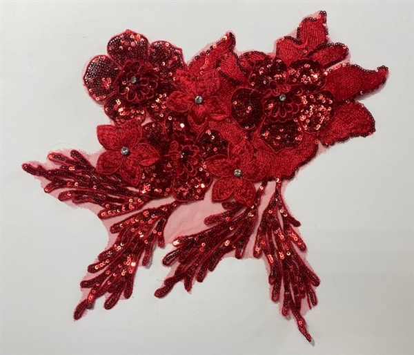 APL-BED-125-DEEPRED-3D. Beaded Applique - 3D on Net. - Deep Red with Sequins - 11" x 11" - Each $5